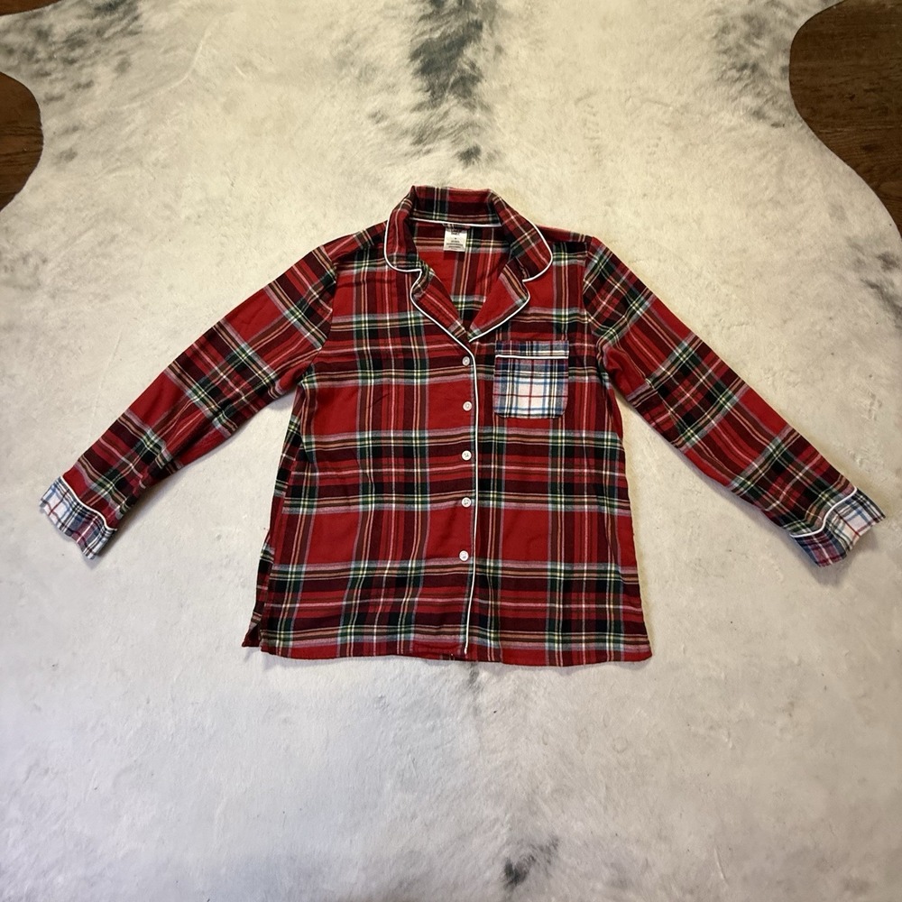 Lands End Pajama Top Womans Size M Red Plaid Flannel Long‎ Sleeve Cotton